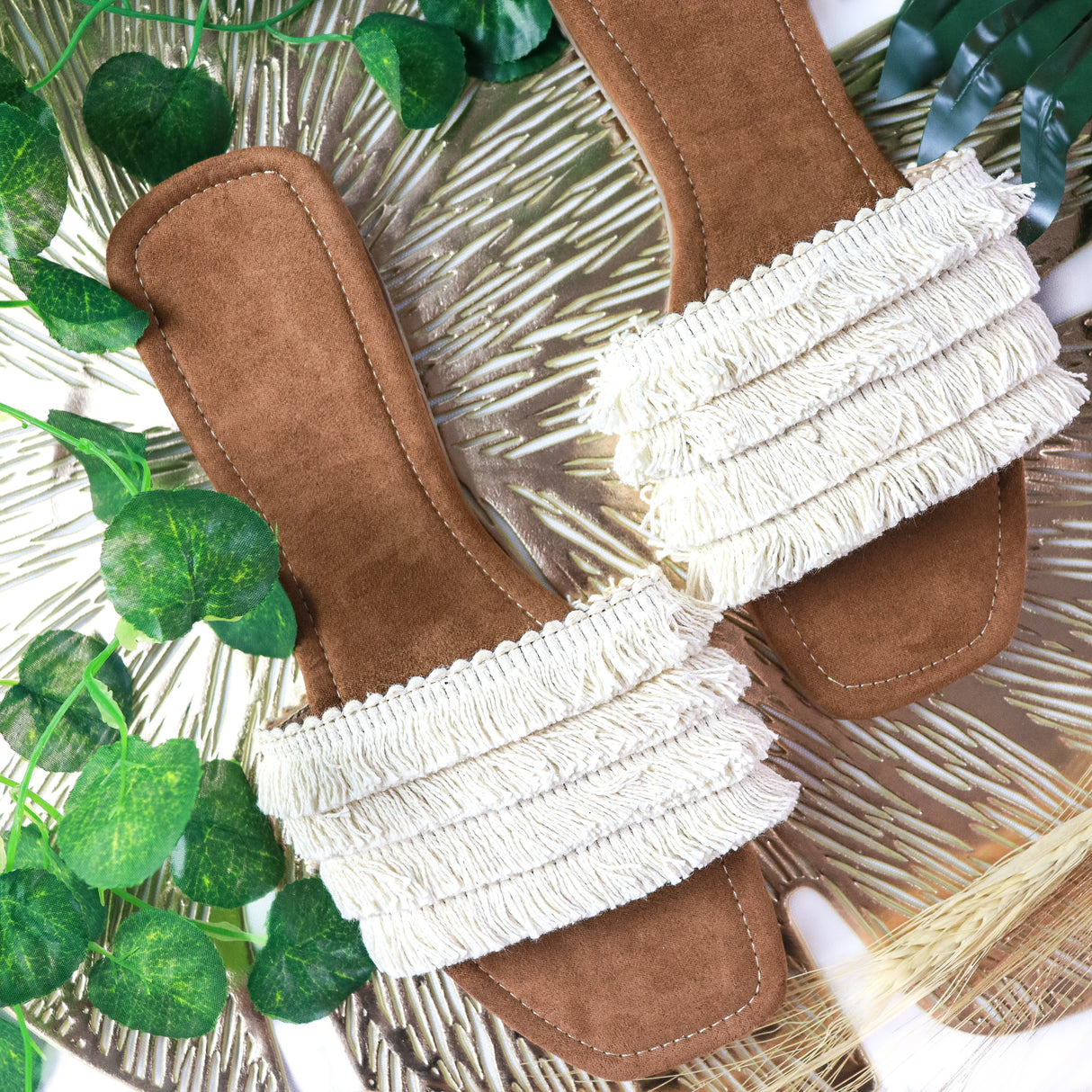 Natural Fringe Slide Sandals – Casual Elegance for Every Step